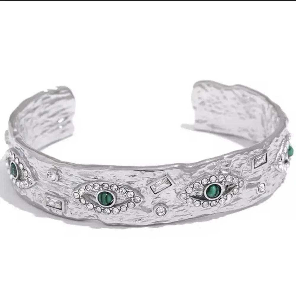 Baroque Malachite Silver Stainless Steel WaterproofEye Cuff Bracelet - Picture 4 of 11